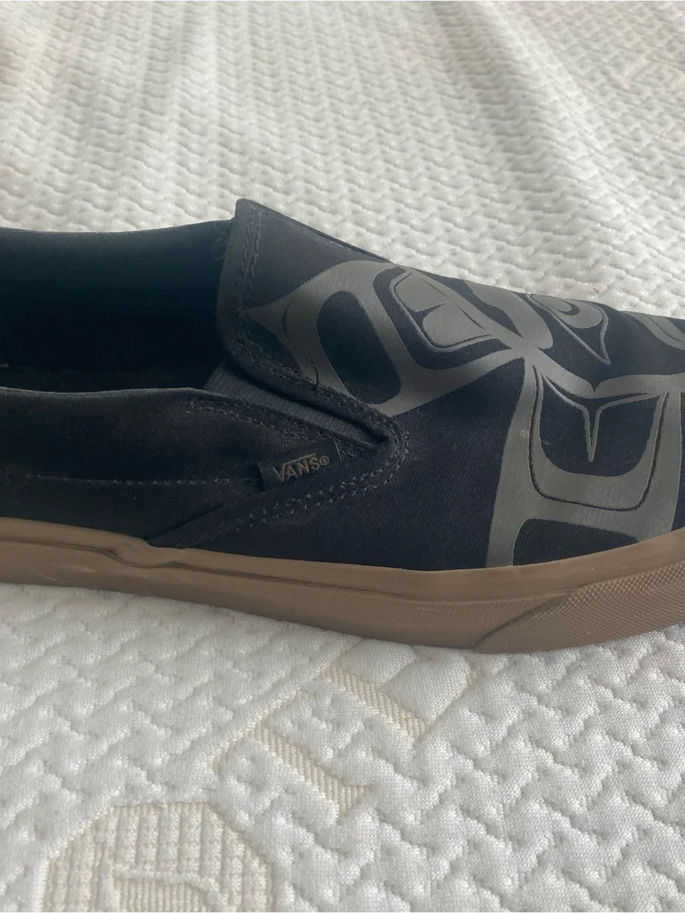 Vans Black Slip-On Loafers with Gray Tribal Sun Graphic
